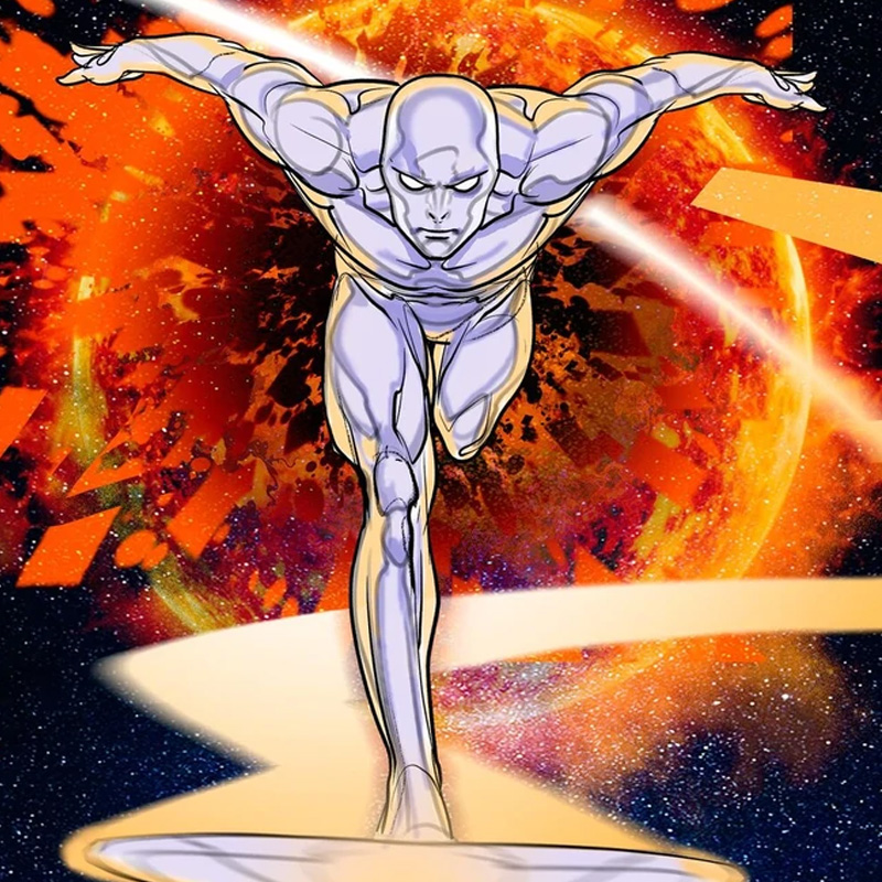 Silver surfer in front of a sun, created with a 3D pen.