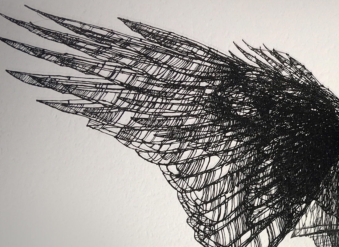 Wire sculpture of winged bird with black wing - 3D pen art