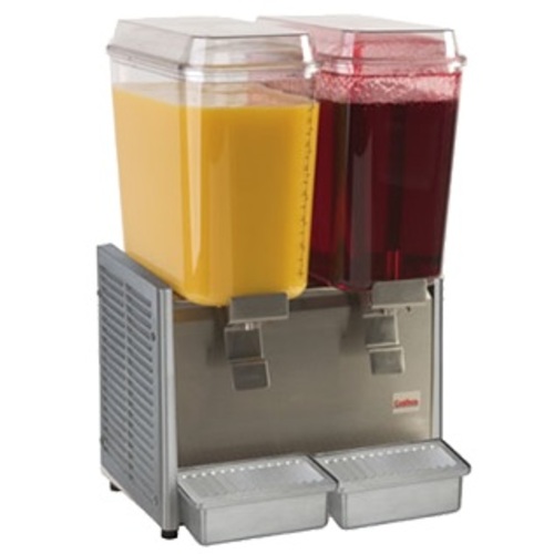 Refresquera refrigerada  con 2 tanques plásticos de 18,9 litros paneles laterales y bandeja de goteo en acero inoxidable Se incluyen agitadores en cada tanque