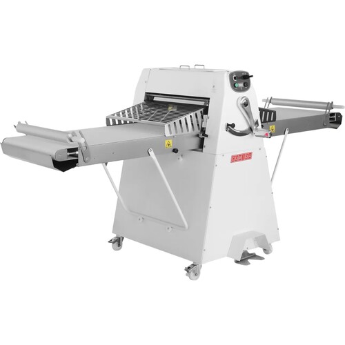 Laminadora eléctrica con banco a piso, con rodillo y alas 500 mm ancho x 850 mm  largo.