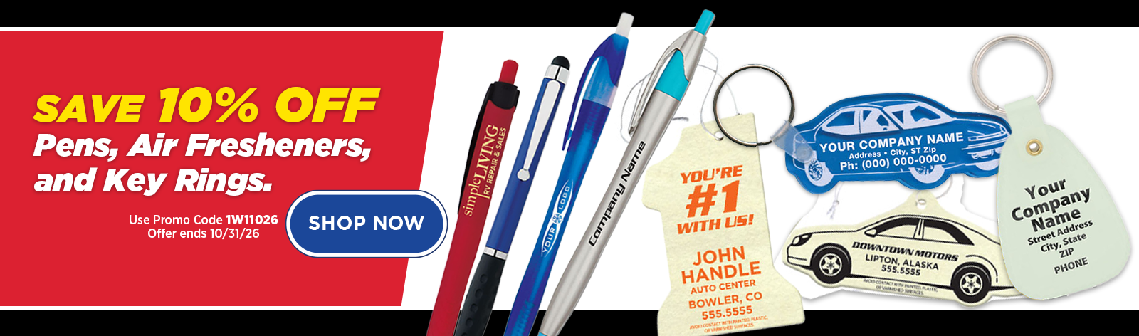10% OFF Pens, Key Rings & Air Fresheners
