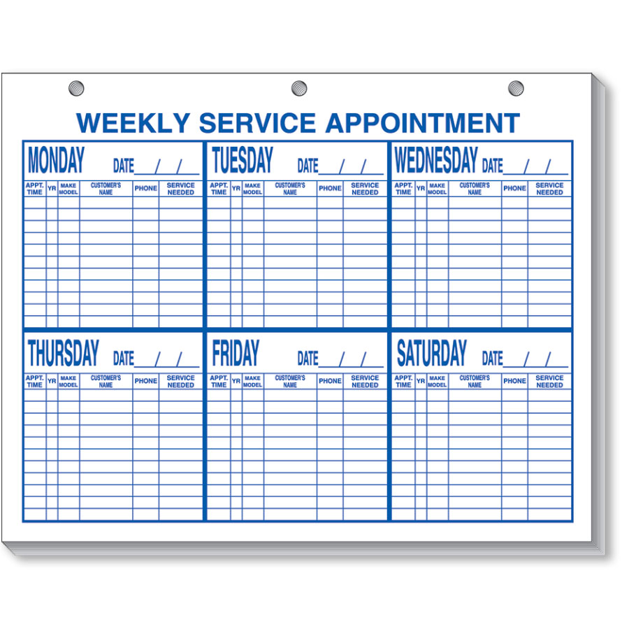 Weekly Service Appointment Pad Auto Repair Forms