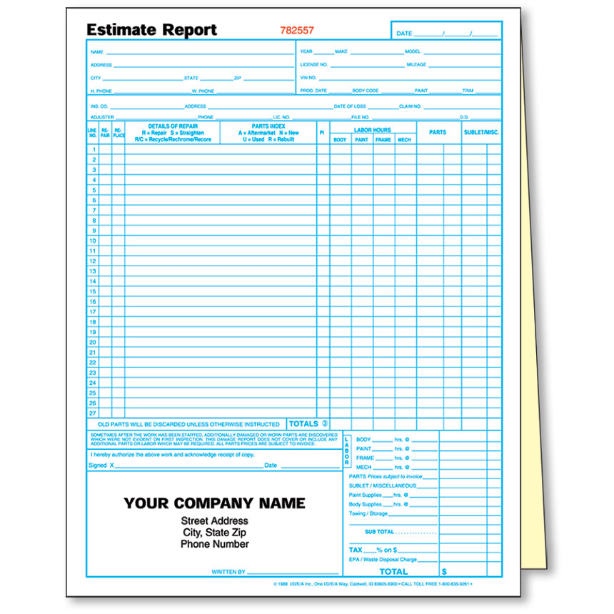 2-Part Auto Body Estimate Forms - Estimate Rpt - Numbered