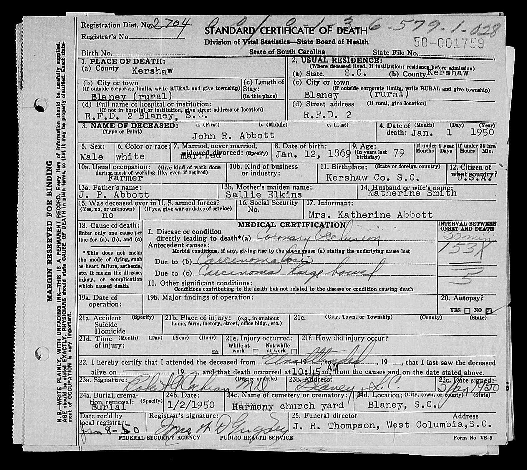 John R Abbott Certificate of Death
