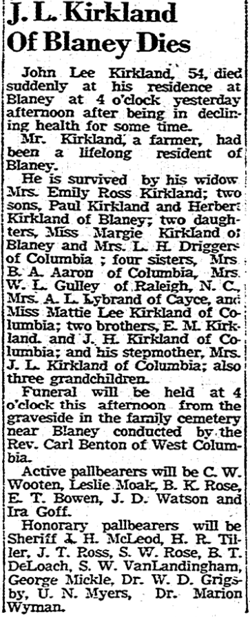 1942.11.23 - J L Kirkland of Blaney Dies