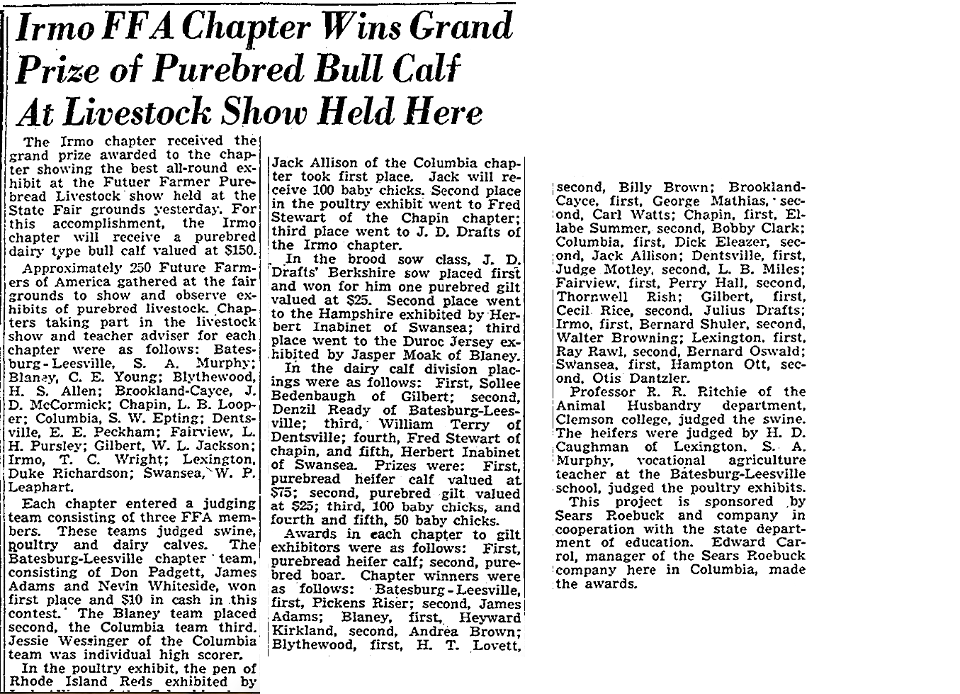 1946.12.12 - Irmo FFA Chapter Wins Grand Prize of Purebred Bull Calf At Livestock Show Held Here