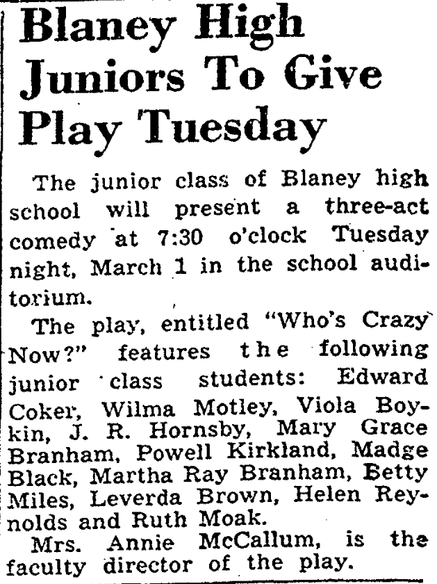 1949.02.27 - Blaney High Juniors To Give Play Tuesday