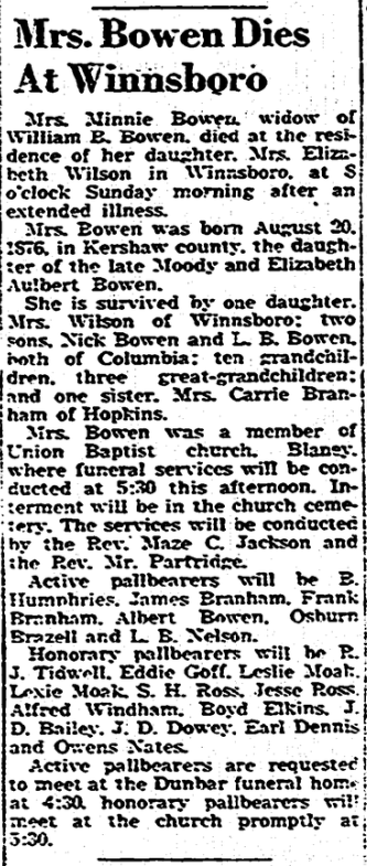 1950.06.19 - Mrs Bowen Dies At Winnsboro