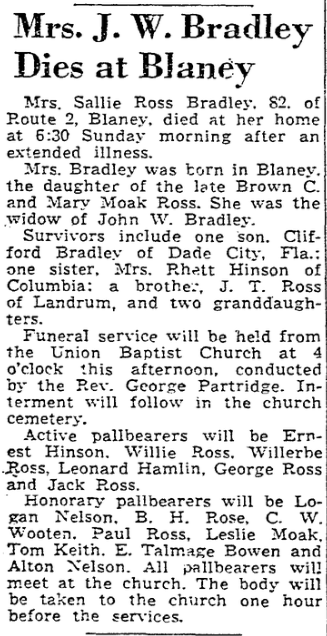1953.10.12 - Mrs J W Bradley Dies at Blaney