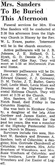 1956.01.22 - Mrs Sanders to be buried this afternoon.png