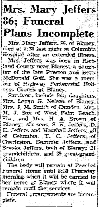 1958.01.01 - Mrs Mary Jeffers 86; Funeral Plans Incomplete.png