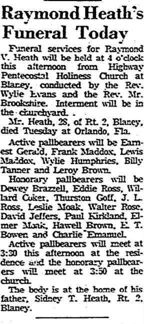 1958.05.30 - Raymond Heath's Funeral Today