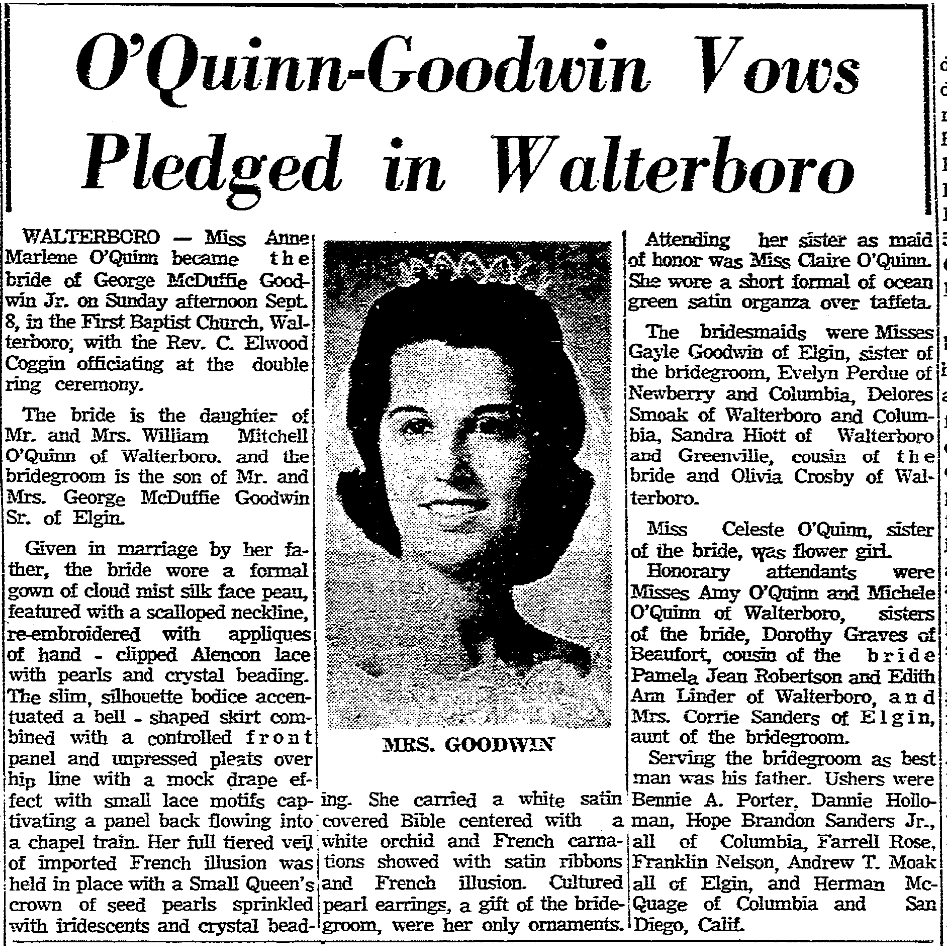 1963.09.09 - OQuinn Goodwin Vows Pledged in Walterboro