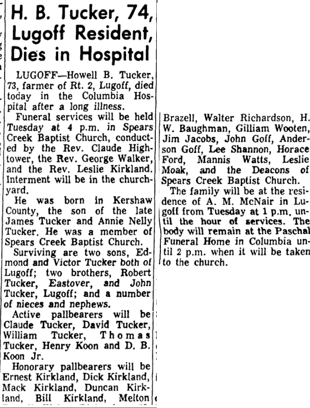 1964.08.10 - H B Tucker, 74, Lugoff Resident, Dies in Hospital
