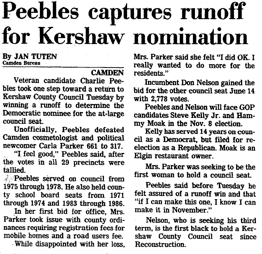 1988.06.29 - Peebles Captures Runoff for Kershaw Nomination