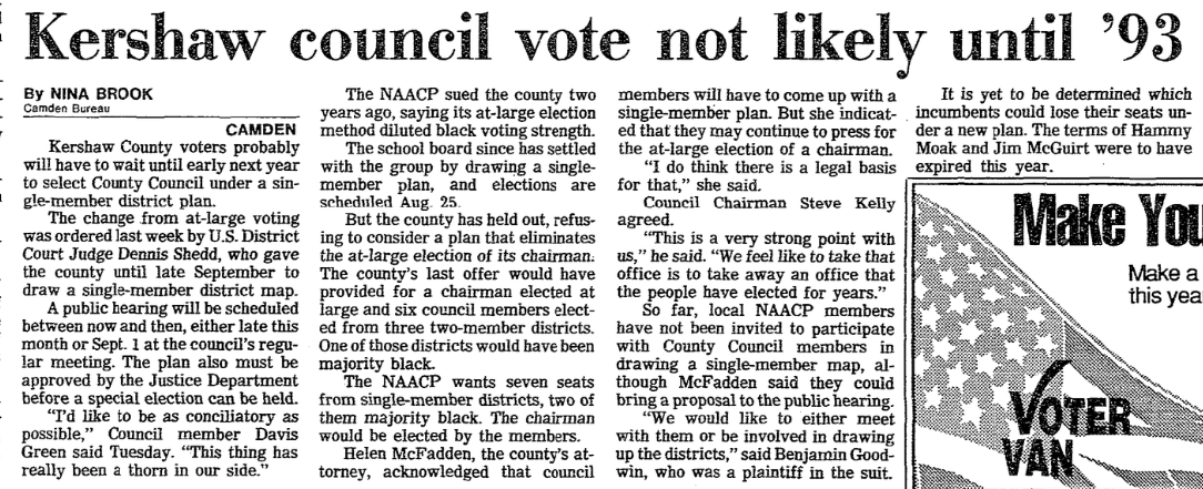 1992.08.12 - Kershaw council vote not likely unitil 93
