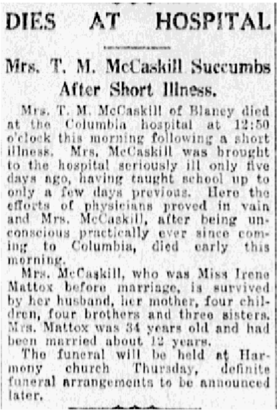 1922.02.08 - Mrs T M McCaskill Succumbs after Short Illness.png