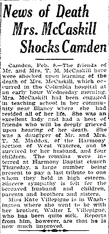 1940.02.09 - News of death of Mrs. McCaskill Shocks Camden