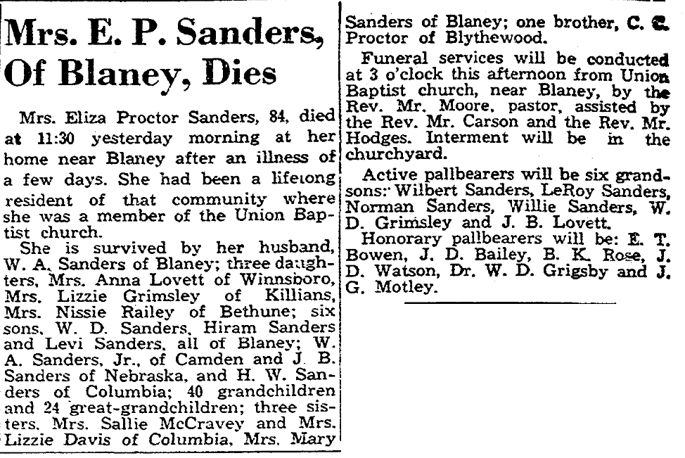 1940.04.11 - Mrs E P Sanders of Blaney Dies
