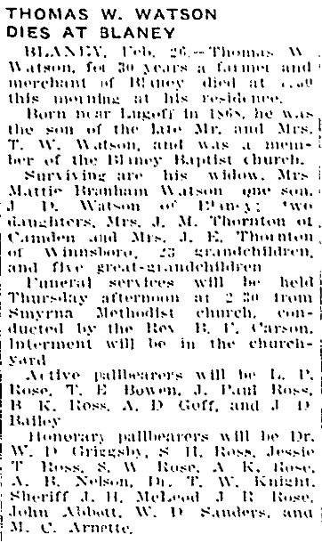 Thomas W Watson Dies At Blaney