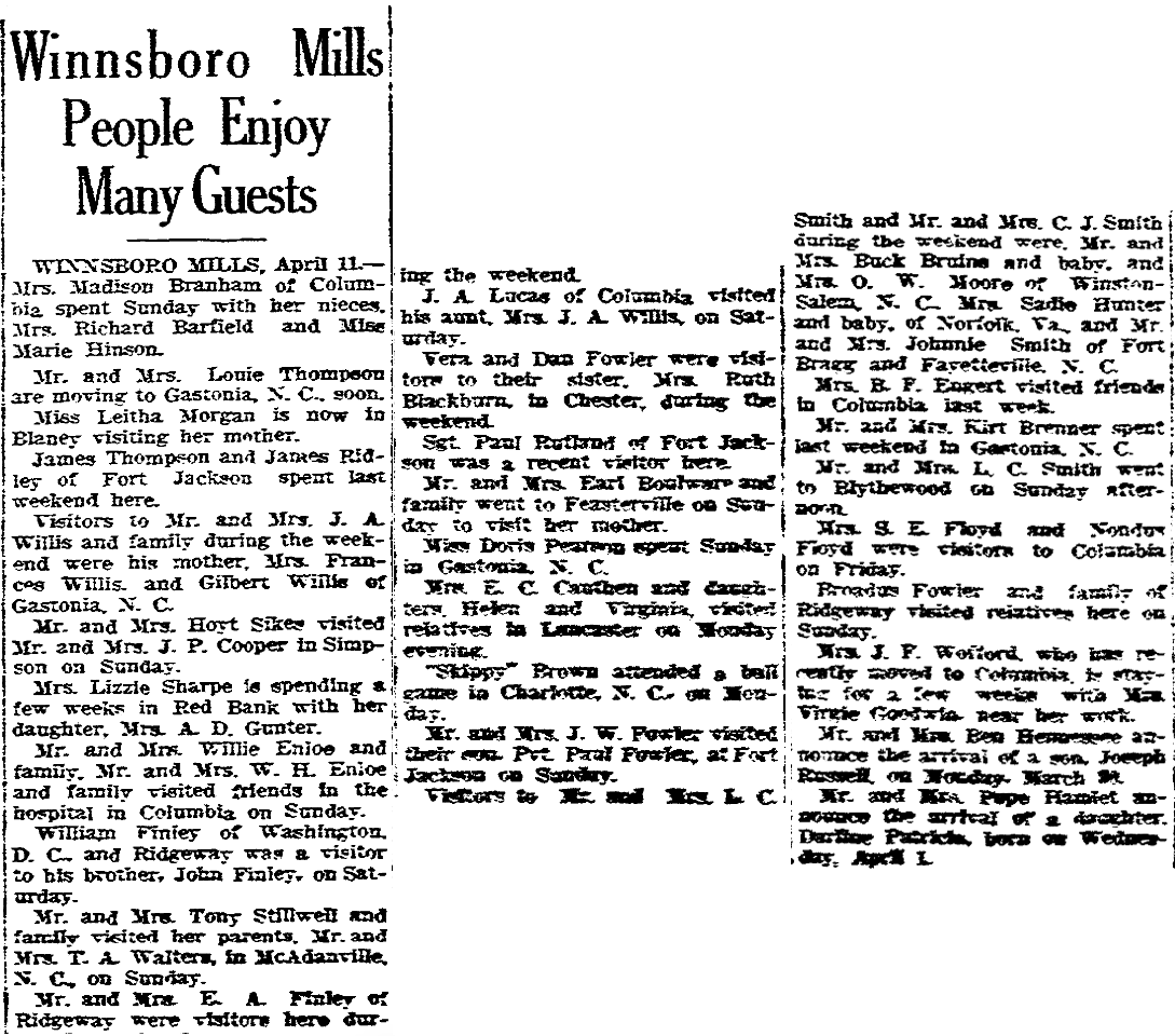 1942.04.11 - Winnsboro Mills People Enjoy Many Guest