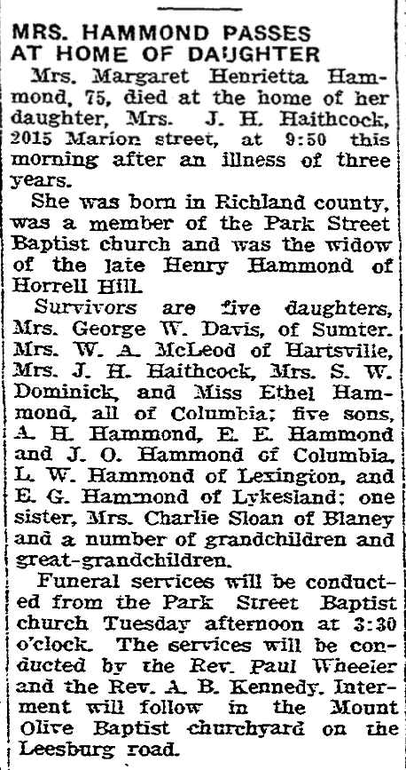 1942.04.20 - Mrs Hammond Passes At Home of Daugther