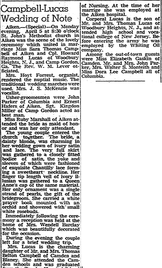 1943 Campbell Lucas Wedding of Note
