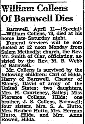 1943.04.12 - William Collens of Barnwell Dies.png