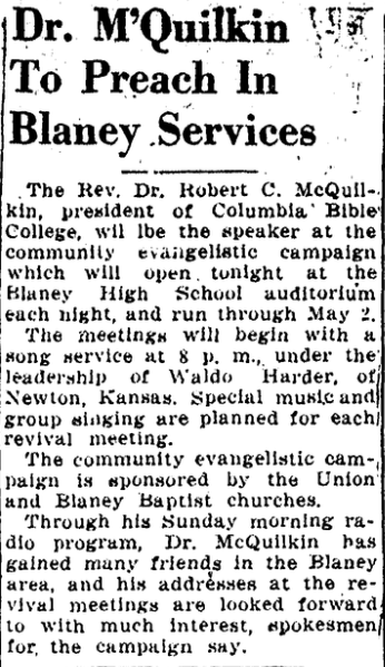 1943.04.26 - Dr MQuilkin To Preach In Blaney Services.png