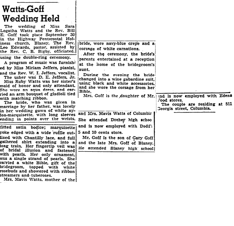 1950.10.29 Watts Goff Wedding Held