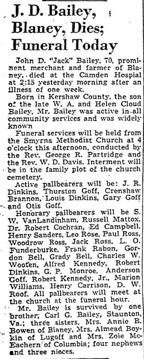 1952.09.21 - J D Bailey Blaney Dies Funeral Today