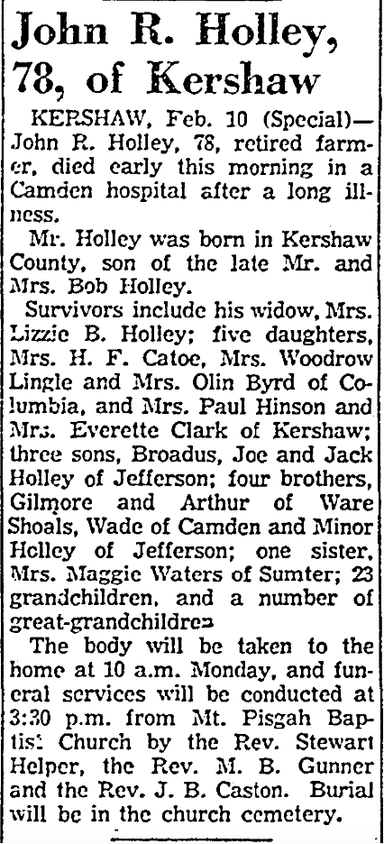 1957.02.11 - John R Holley 78 of Kershaw