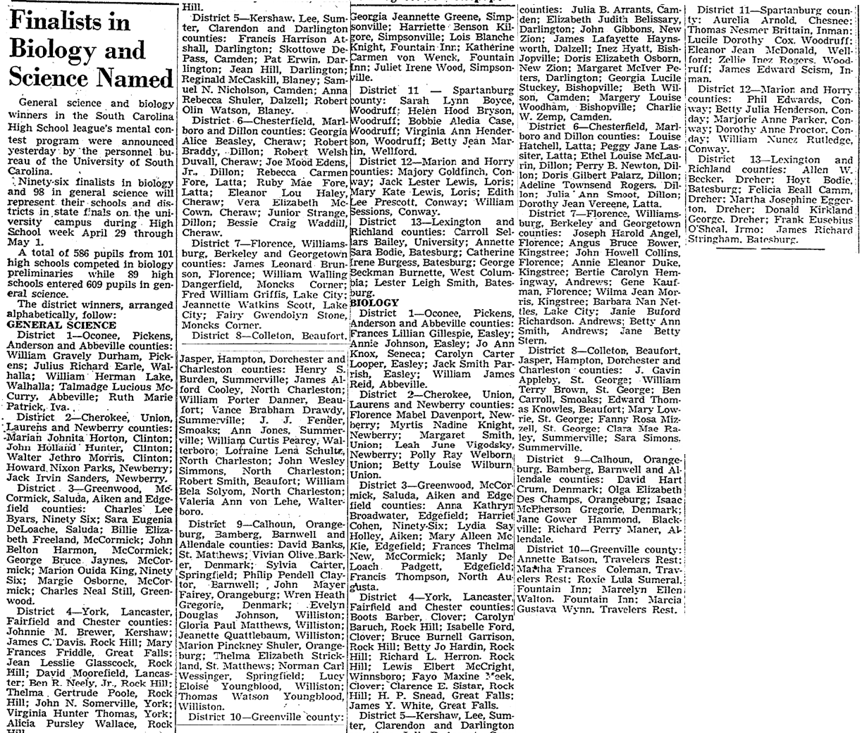 1942.04.26 - Finalist In Biology and Science Named