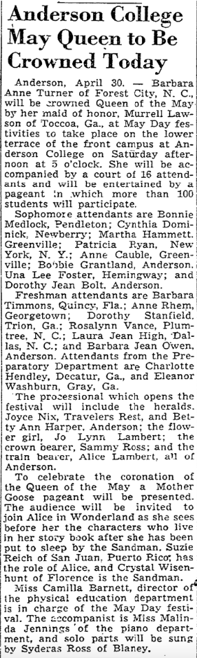 1948.05.01 - Anderson College May Queen to Be Crowned Today