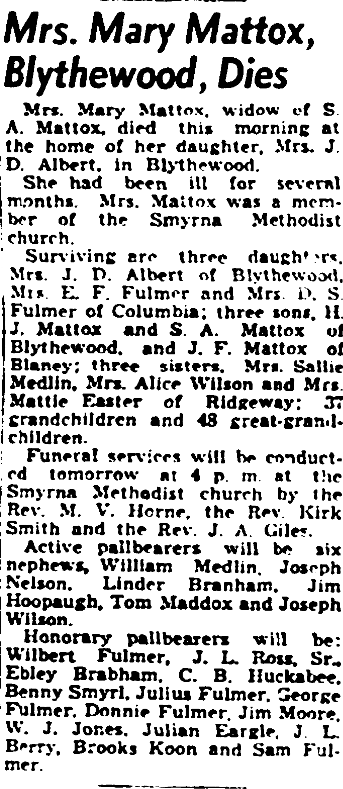 1948.05.01 - Mrs Mary Mattox Blythewood Dies