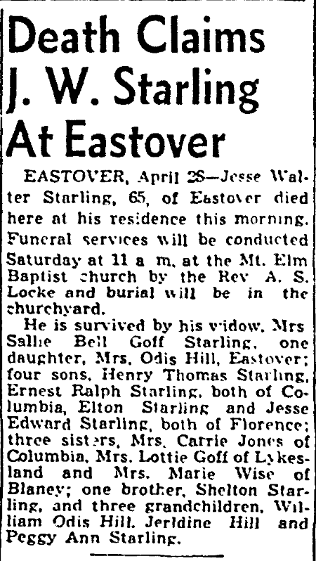 1949.04.28 - Death Claims J W Starling at Eastover