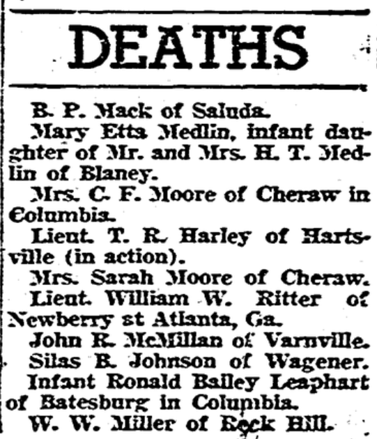 Deaths Kershaw County, South Carolina History