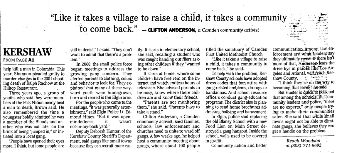 KERSHAW COUNTY TRIES TO STEM GANG ACTIVITY Kershaw County, South