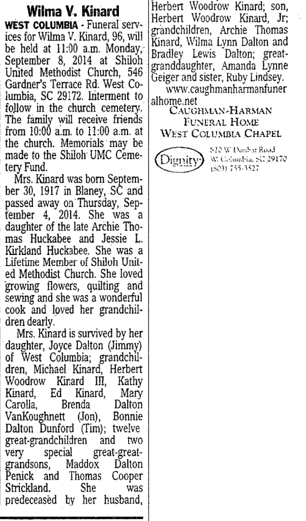 Wilma V. Huckabee Kinard Kershaw County, South Carolina History