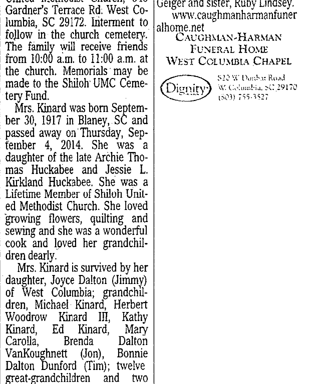 Wilma V. Huckabee Kinard Kershaw County, South Carolina History