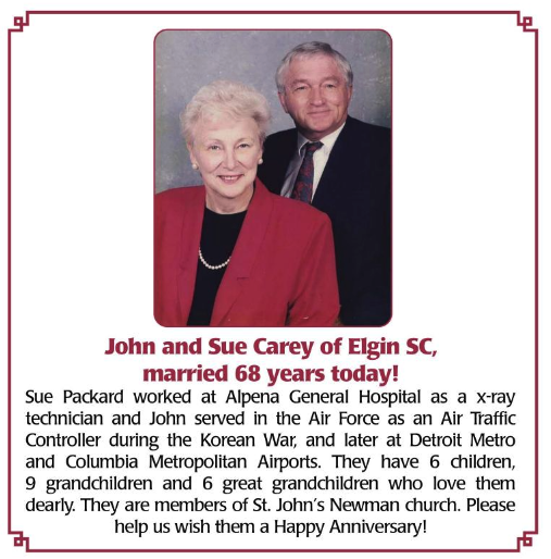 John and Sue Carey of Elgin, SC, married 68 years today! Kershaw
