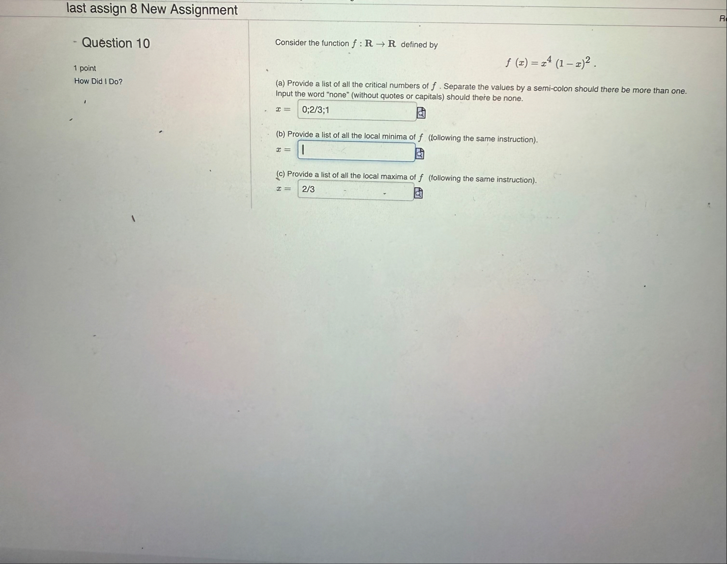 last assign 8 New Assignment Question 1 0 1 point
