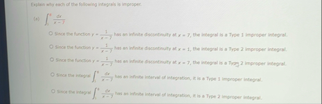 Explain wty esch of the following integrals is