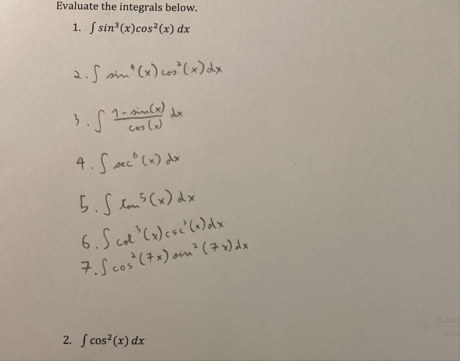 Evaluate the integrals below. 1 . s i n 3 ( x ) c