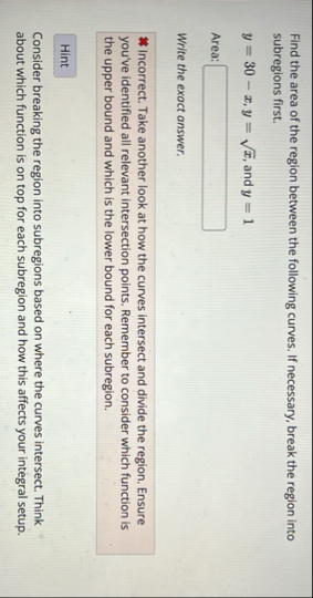 Find the area of the region between the following
