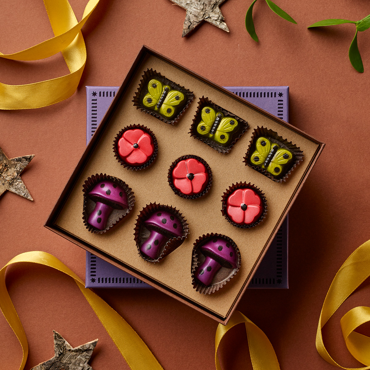 Enchanted Forest Gift Box with Butterflies, Flowers and Caramel Mushrooms