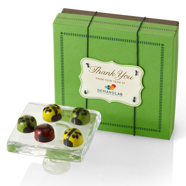 A John & Kira's box of chocolate ladybugs with a custom thank-you tag