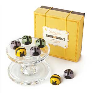 Mint Green Ladybugs, Honey Lavendar Ladybugs, and Caramel Bees in a square yellow 9 piece boutique box