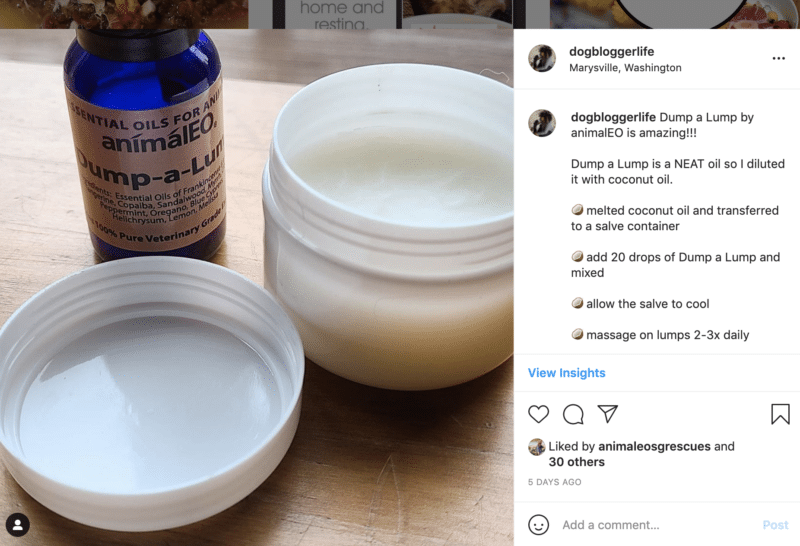 Dump-a-Lump by animalEO is an essential oil blend that reduces lumps/bumps. It's a NEAT oil so it should be diluted with coconut oil. I create a salve that I apply on my dogs' fatty tumors 2-3x daily.