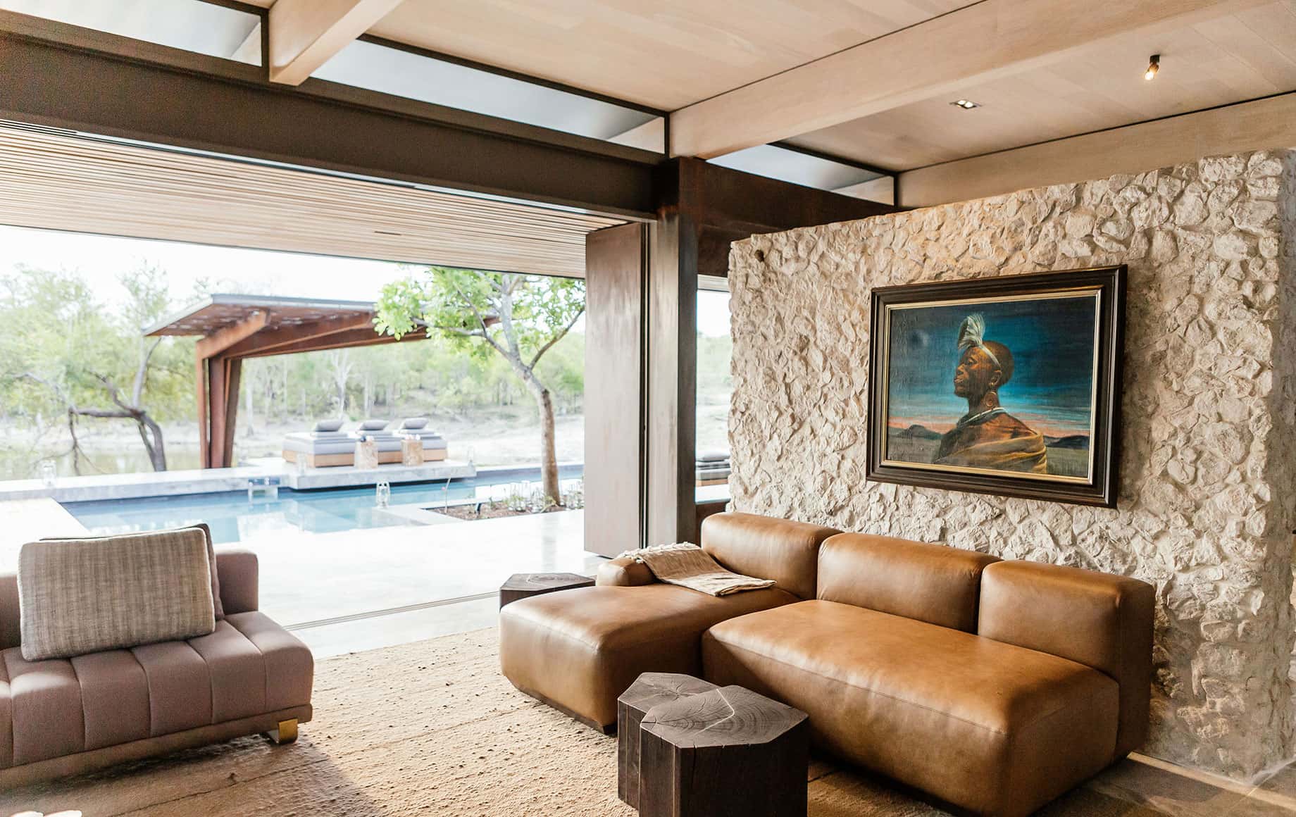 A living room with an open wall
